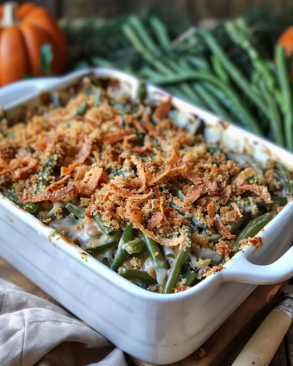 Golden baked green bean casserole fresh from oven with crispy topping