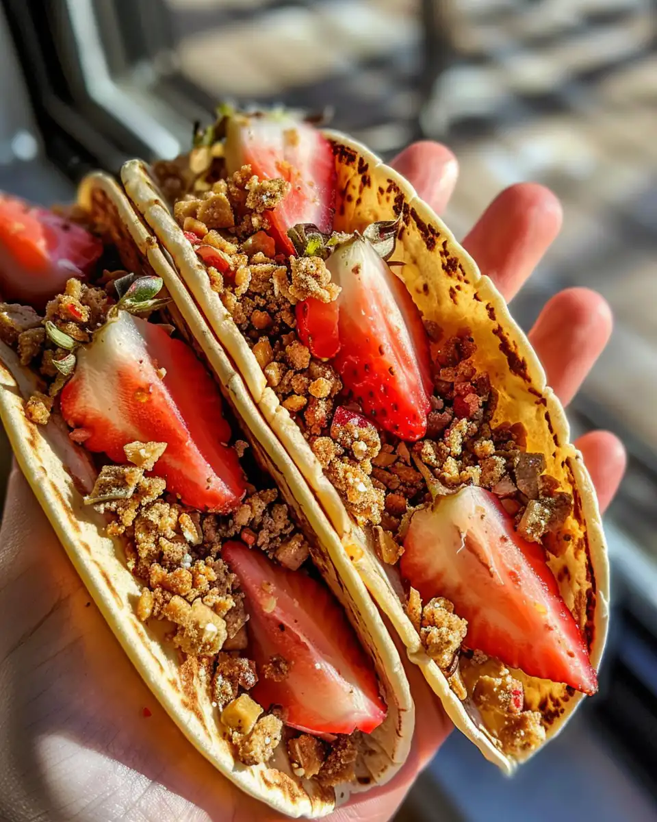 Finished strawberry cheesecake tacos with drizzle of strawberry glaze