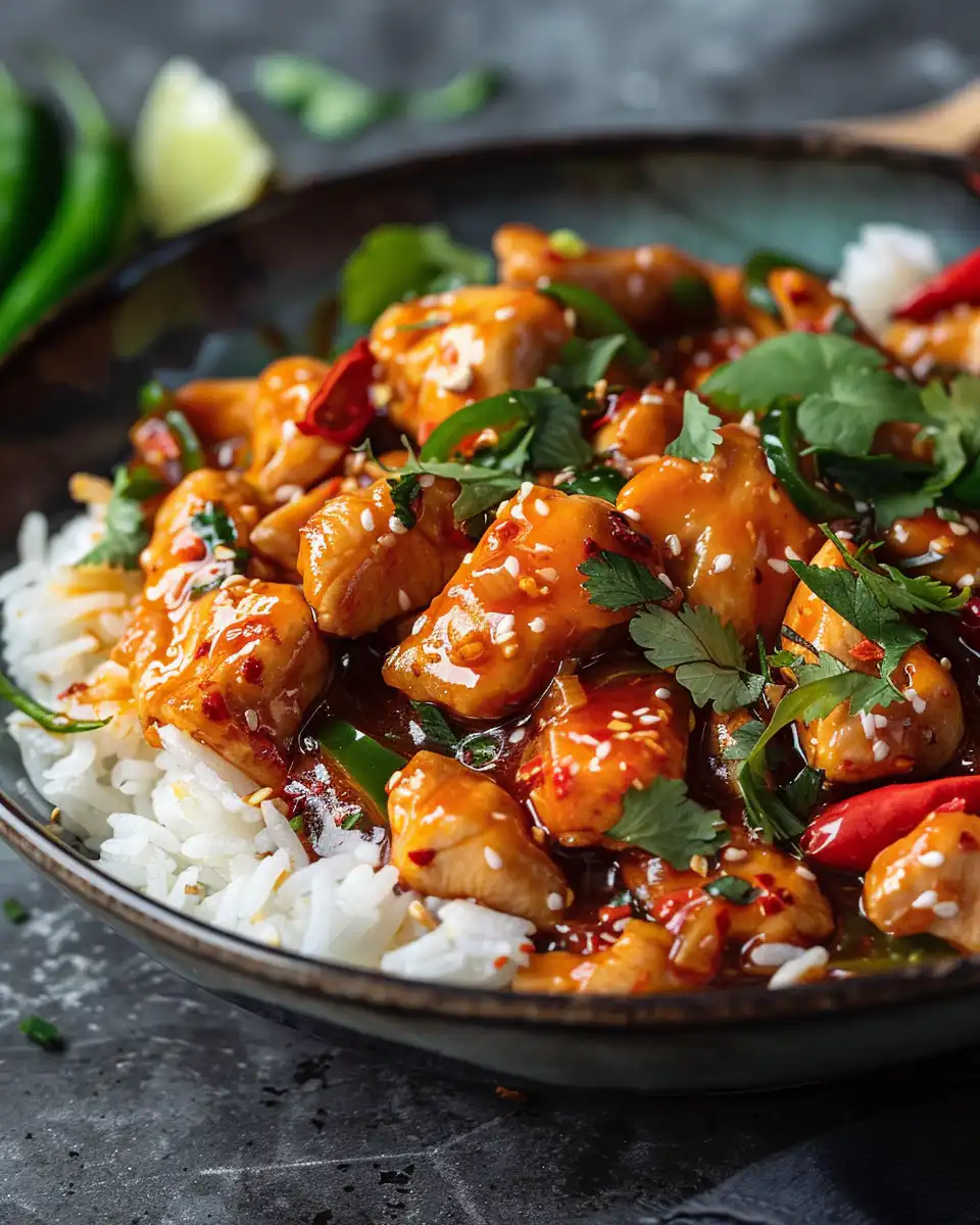 Plated Thai sweet chili chicken garnished and ready to serve