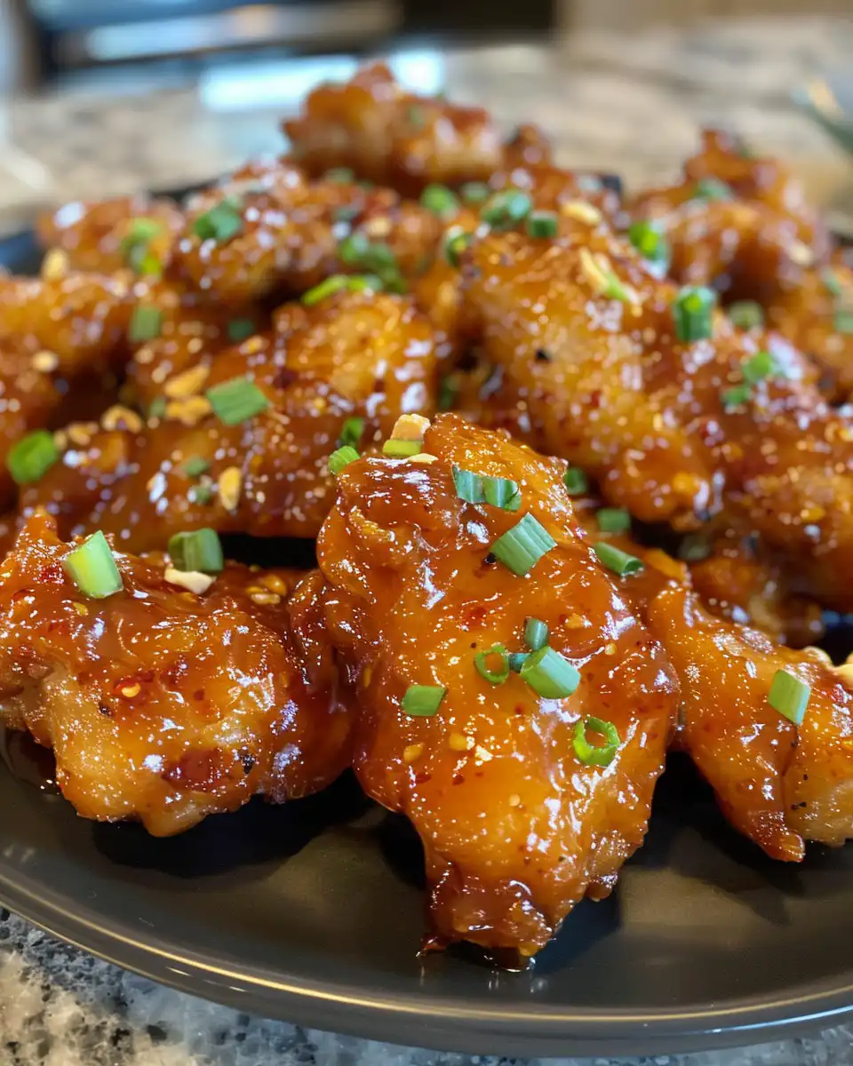 Finished plated sweet chili chicken garnished with green onion and lime wedges
