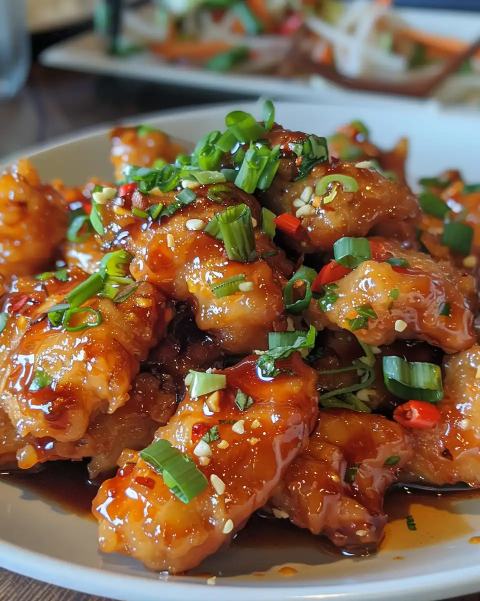 Finished sweet chili chicken plated with green onion and lime