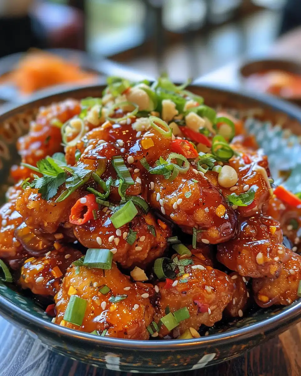 Plated sweet chili chicken with garnish and lime wedges