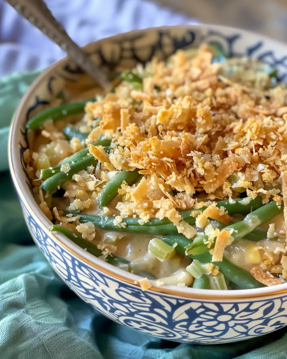 Serving green bean casserole with crispy French fried onions on top