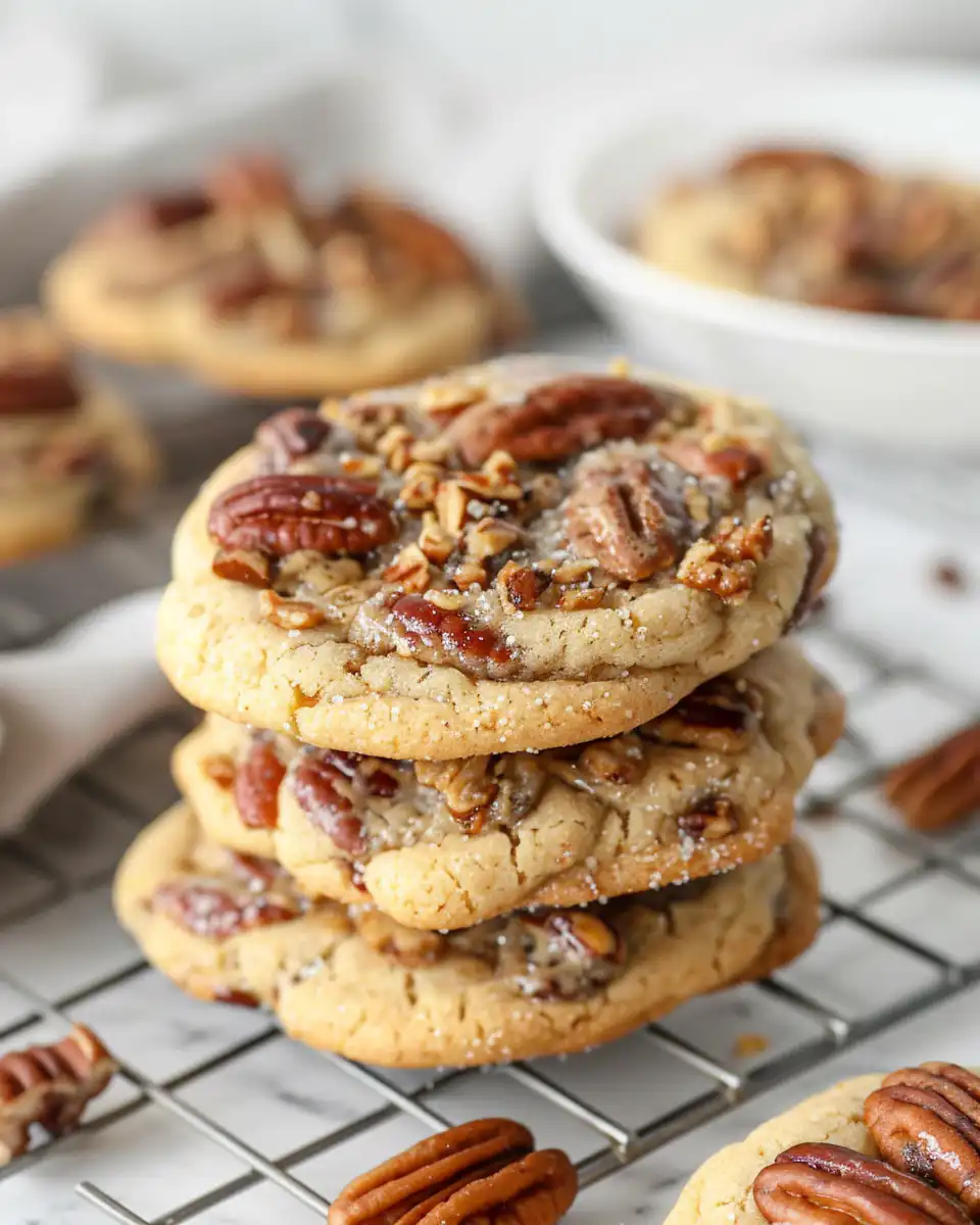 Closeup of piece of pecan pie cookie showing gooey filling and crisp edges