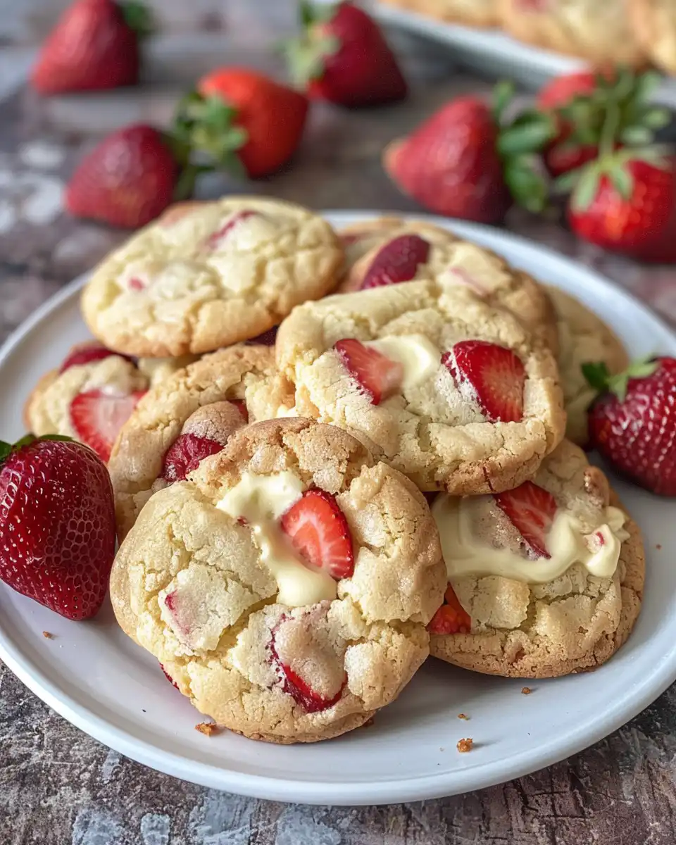 Close up of finished strawberry cheesecake cookies ready to serve