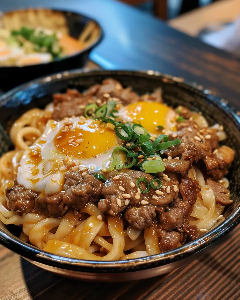 Finished plated yaki udon garnished with shredded nori and bonito flakes