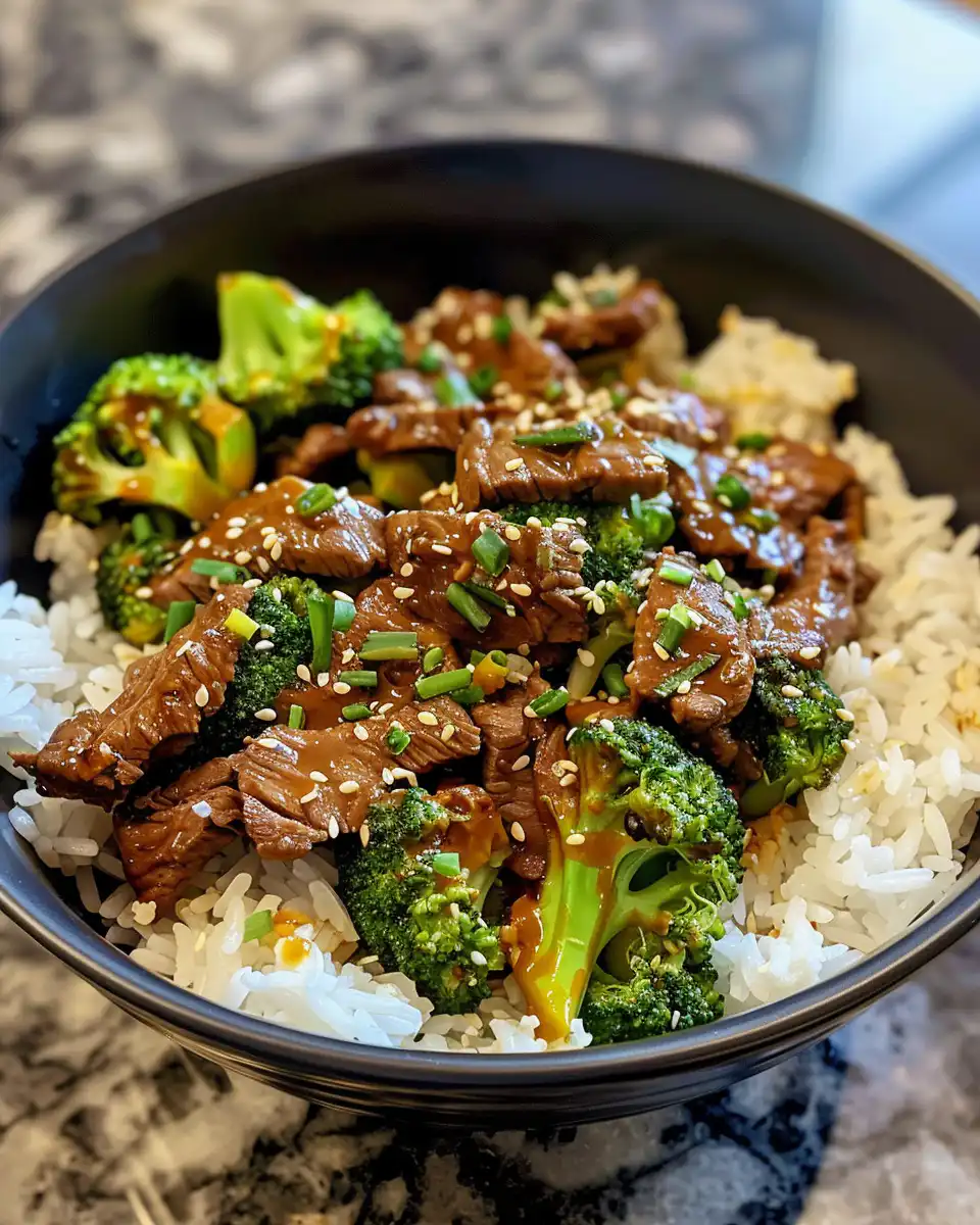 Served beef and broccoli dish garnished with sesame seeds