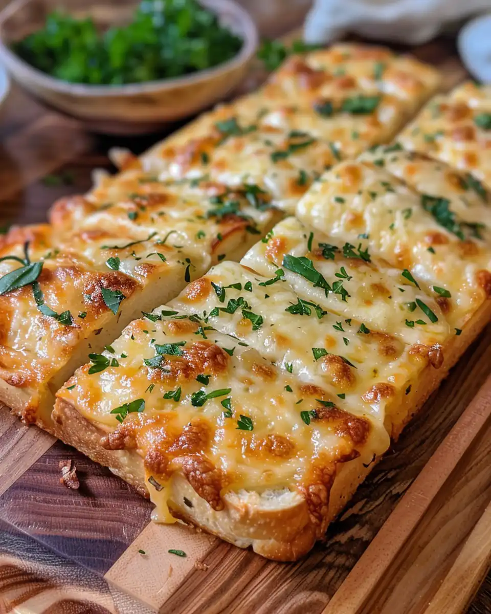 Golden bubbly cheesy garlic bread ready to serve