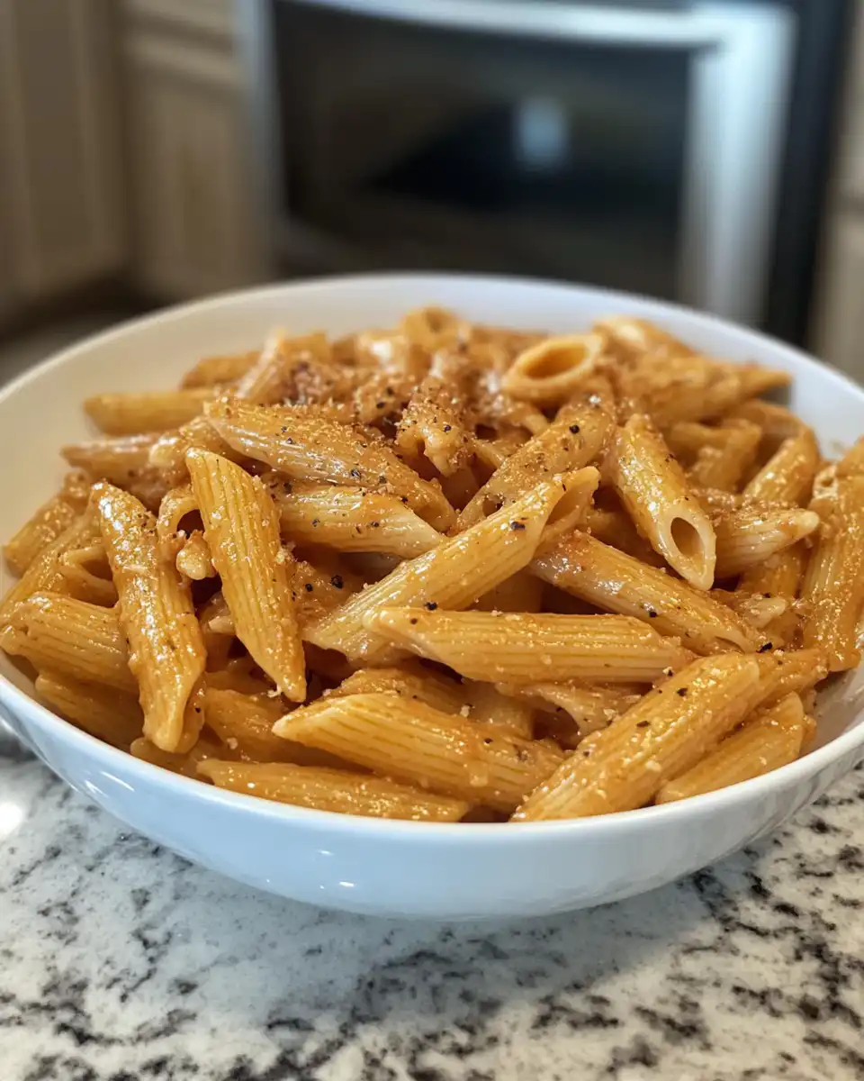 Finished creamy shrimp protein pasta served on a plate