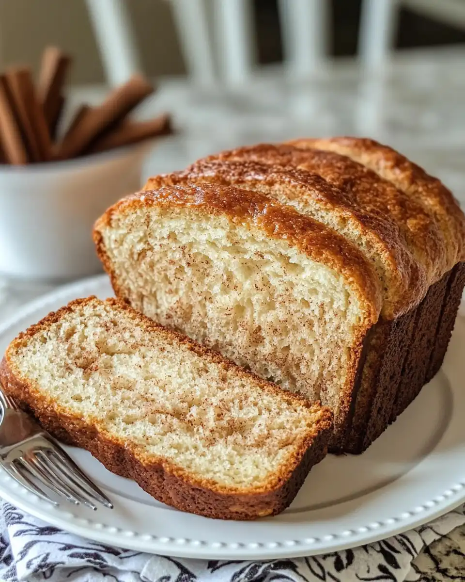 Sliced Amish cinnamon bread showing soft crumb and cinnamon swirl layers