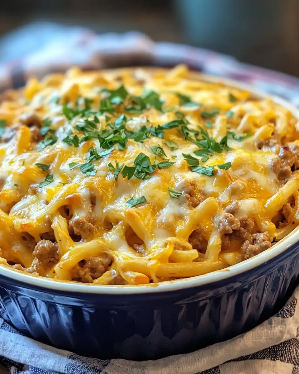 Baked Amish country casserole with bubbly cheese topping
