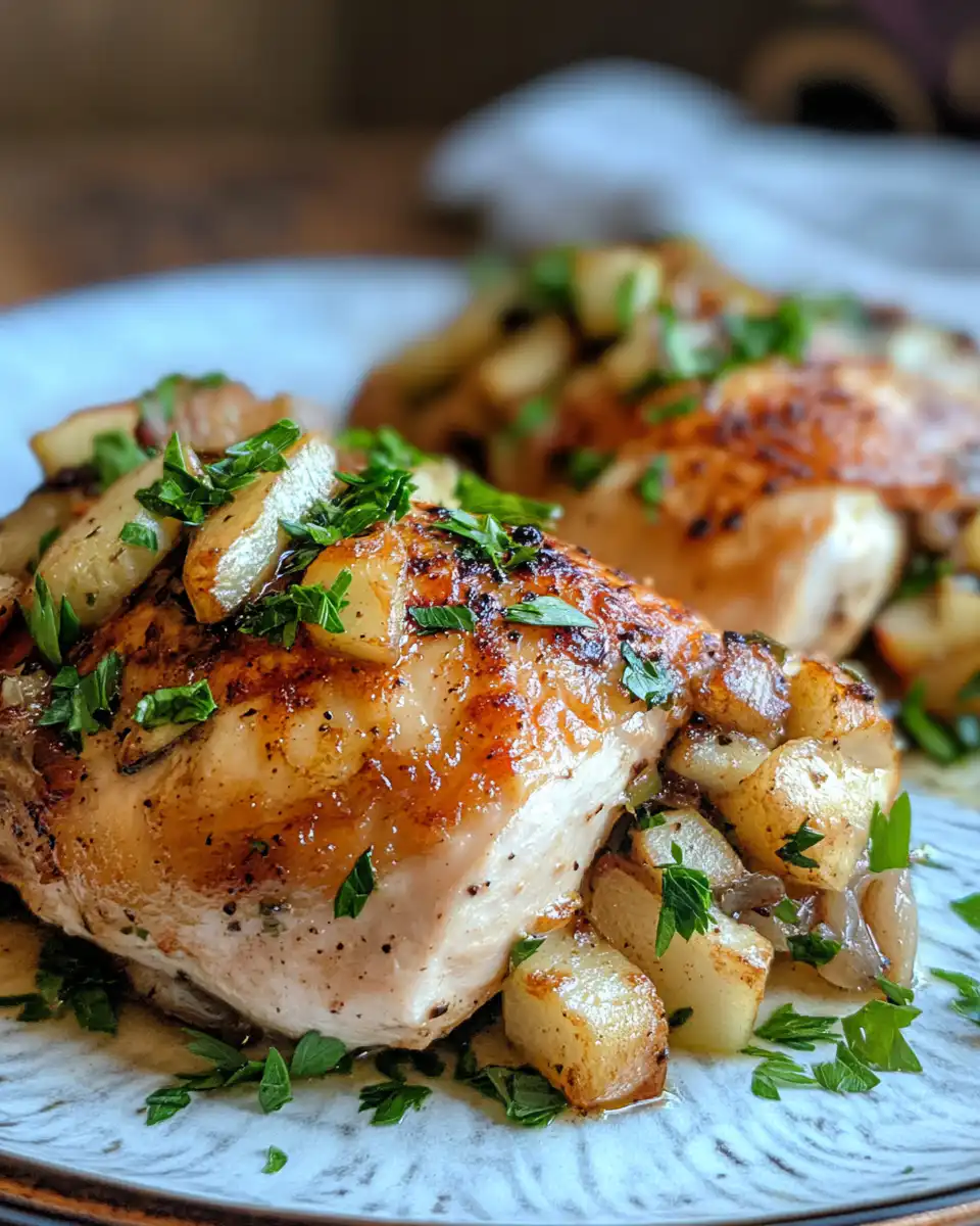 Plated apple and brie stuffed chicken with sauce ready to serve