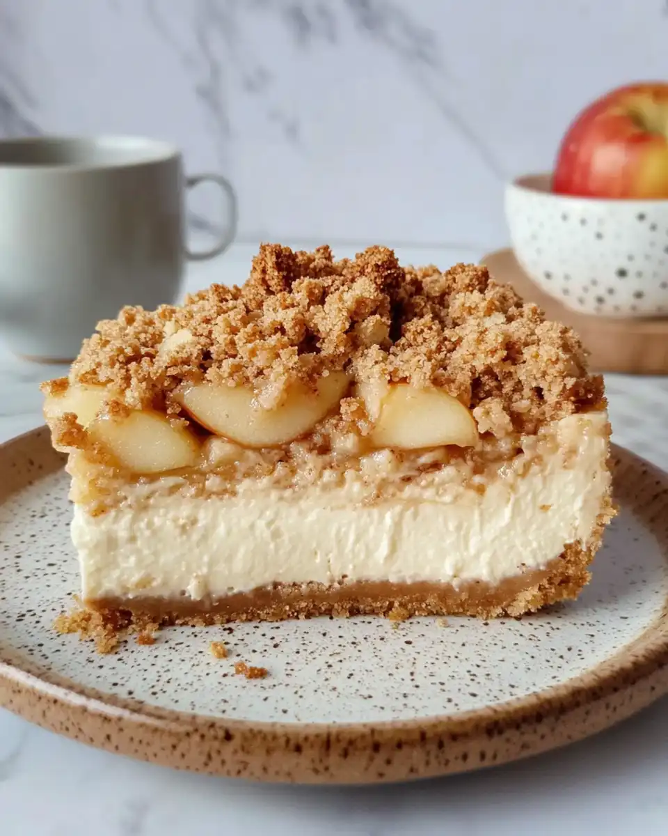 Final baked apple crumble cheesecake on serving plate