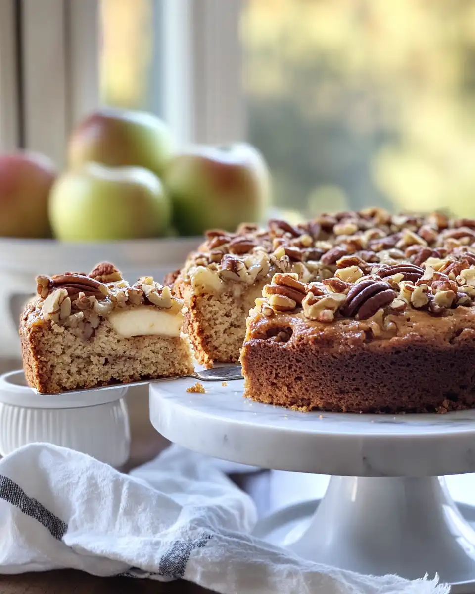 Slice of Apple Pecan Cake with a fork
