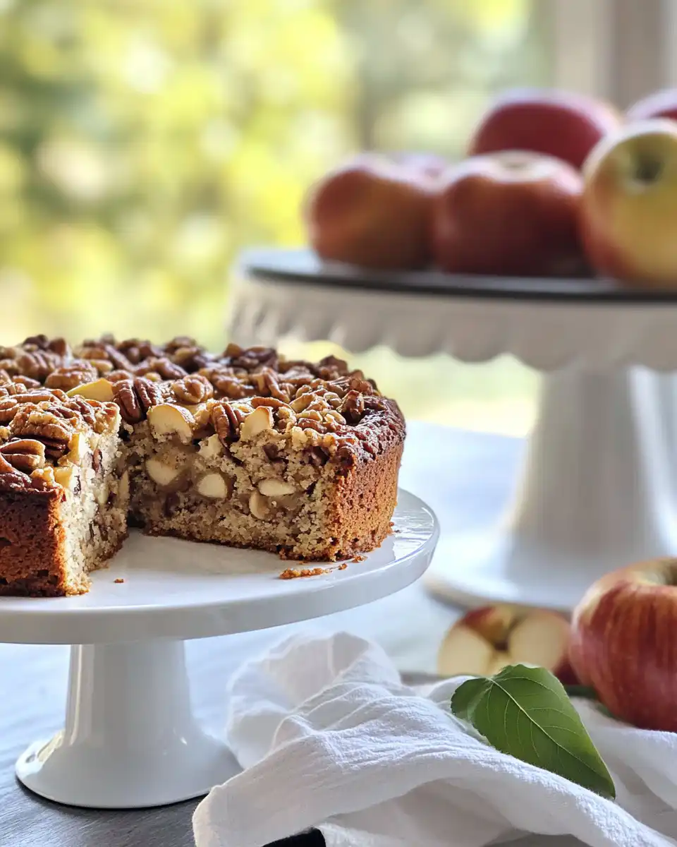 Apple Pecan Cake whole and sliced on a plate