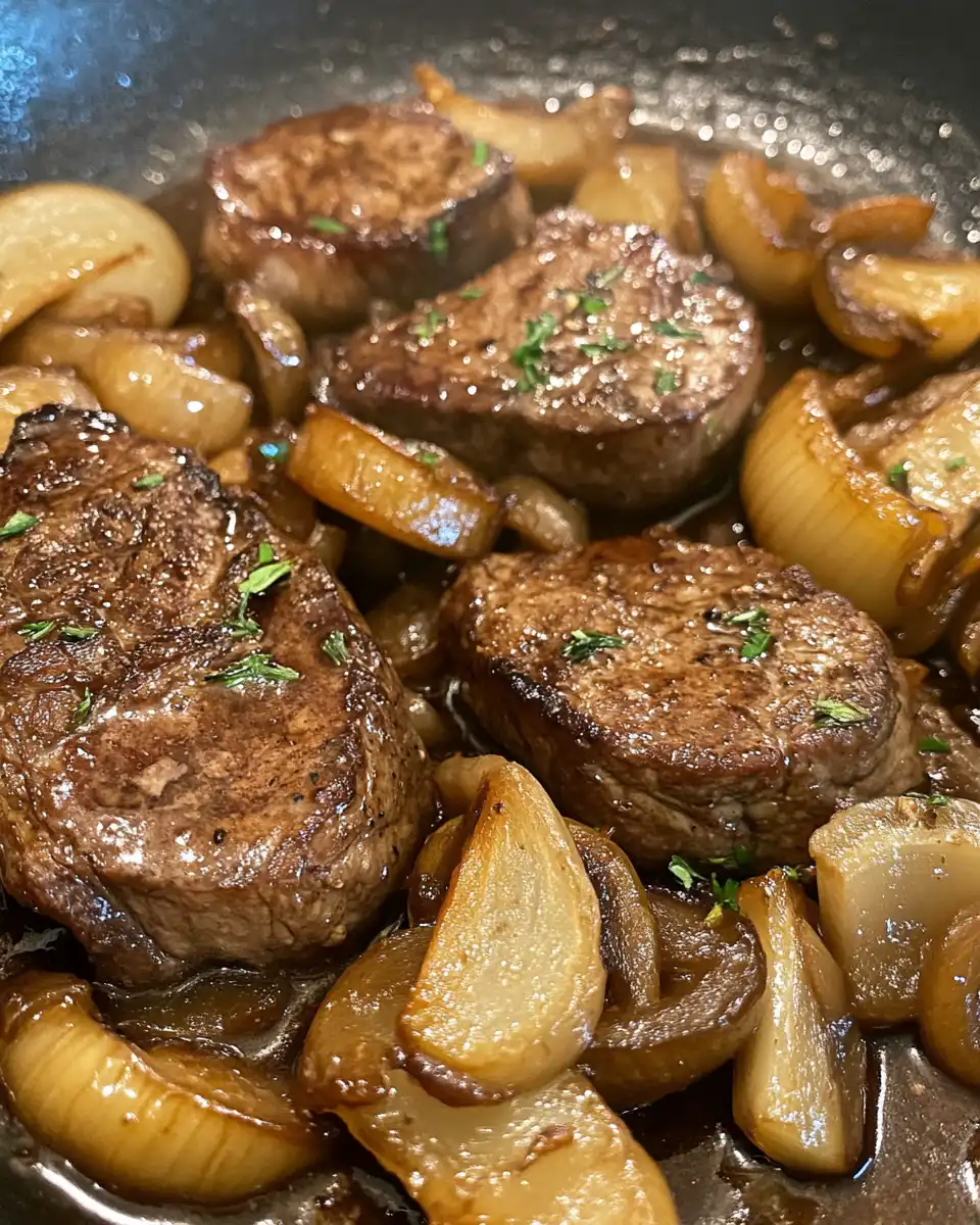 Close up of tender cooked beef with caramelized onions served on plate