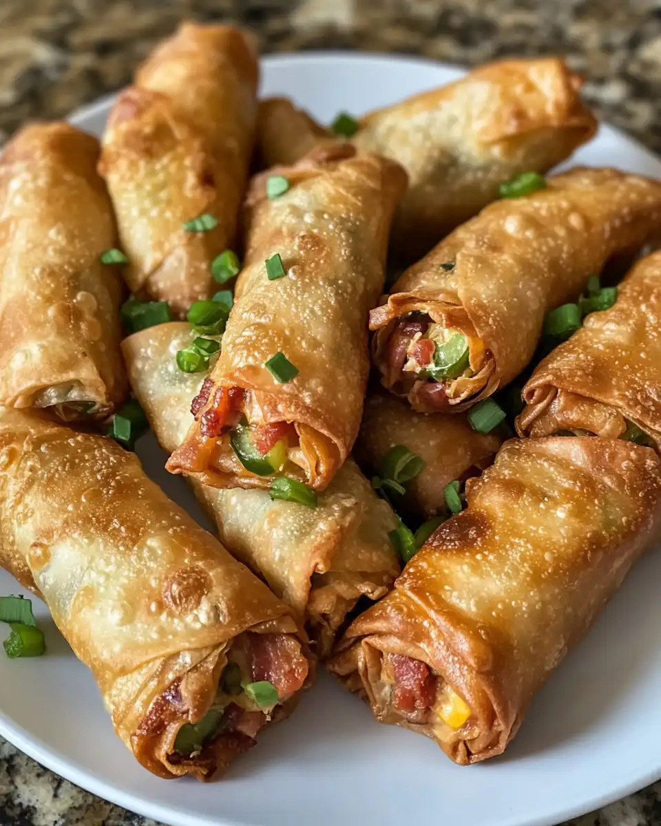Close up of golden crispy bacon jalapeno egg rolls with melted cheese