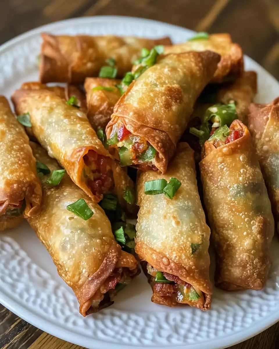 Plate of crispy bacon jalapeno egg rolls ready to serve