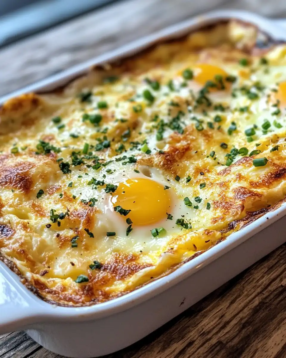 Close up of pressure cooker baked eggs with tater tot base and melted cheese