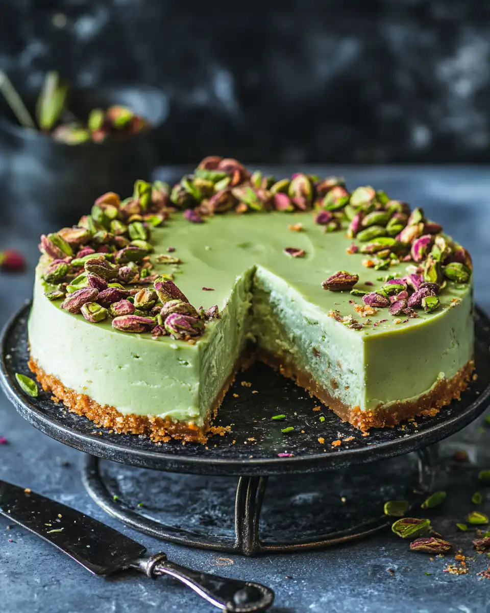 Golden baked Pistachio Honey Baklava Cheesecake fresh from oven