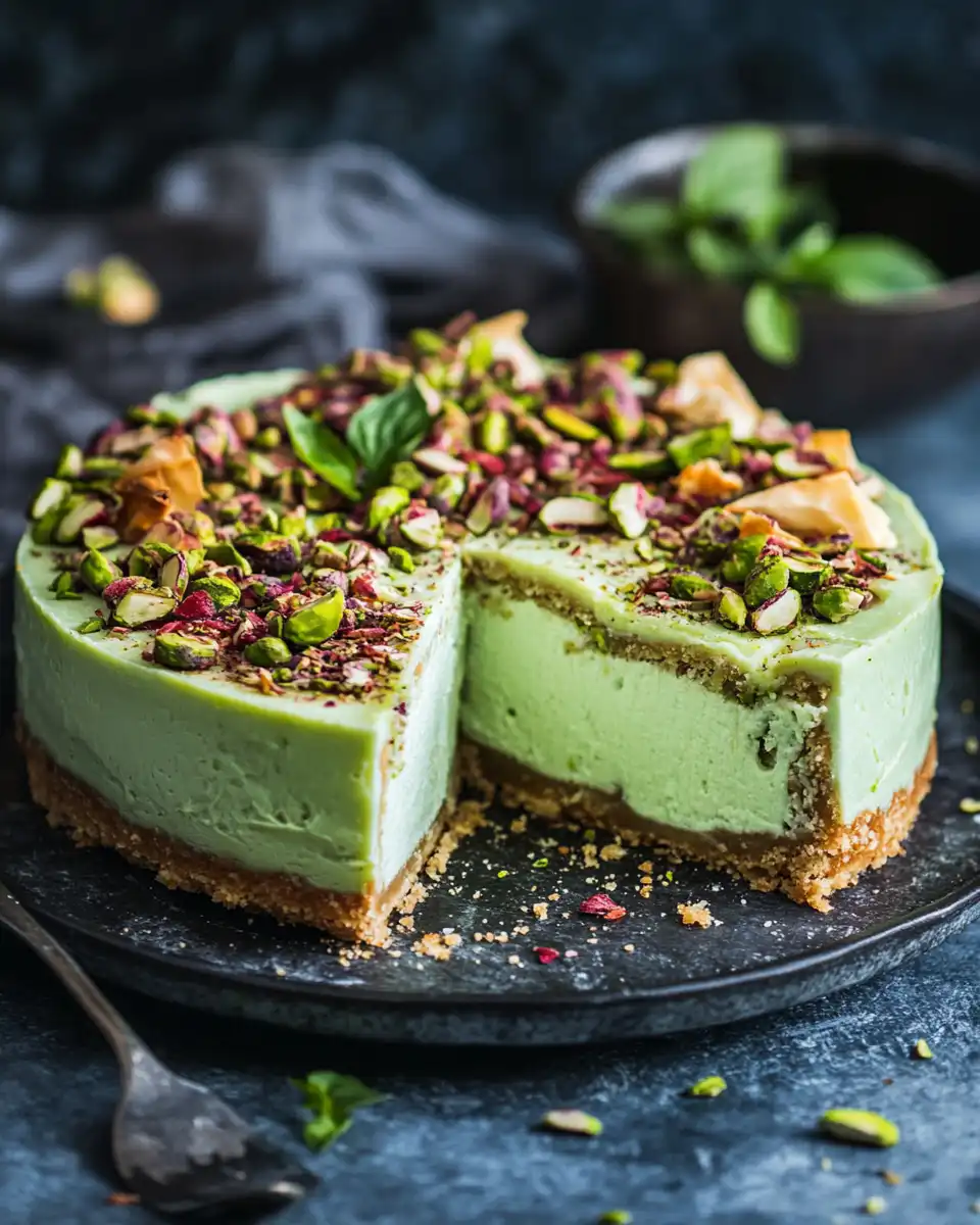 Close up of Pistachio Honey Baklava Cheesecake ready to serve