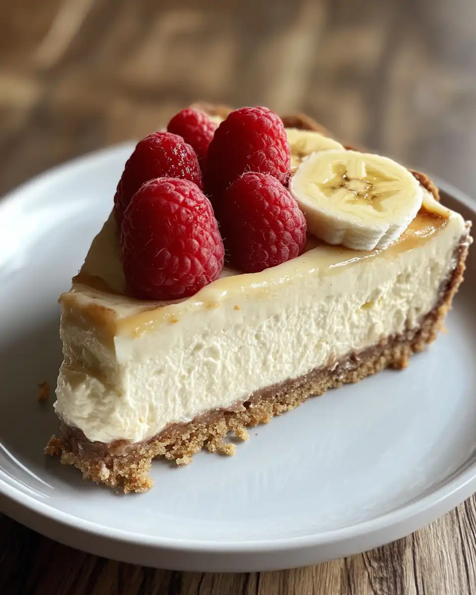 Finished banana cream cheesecake with golden edges and coconut topping