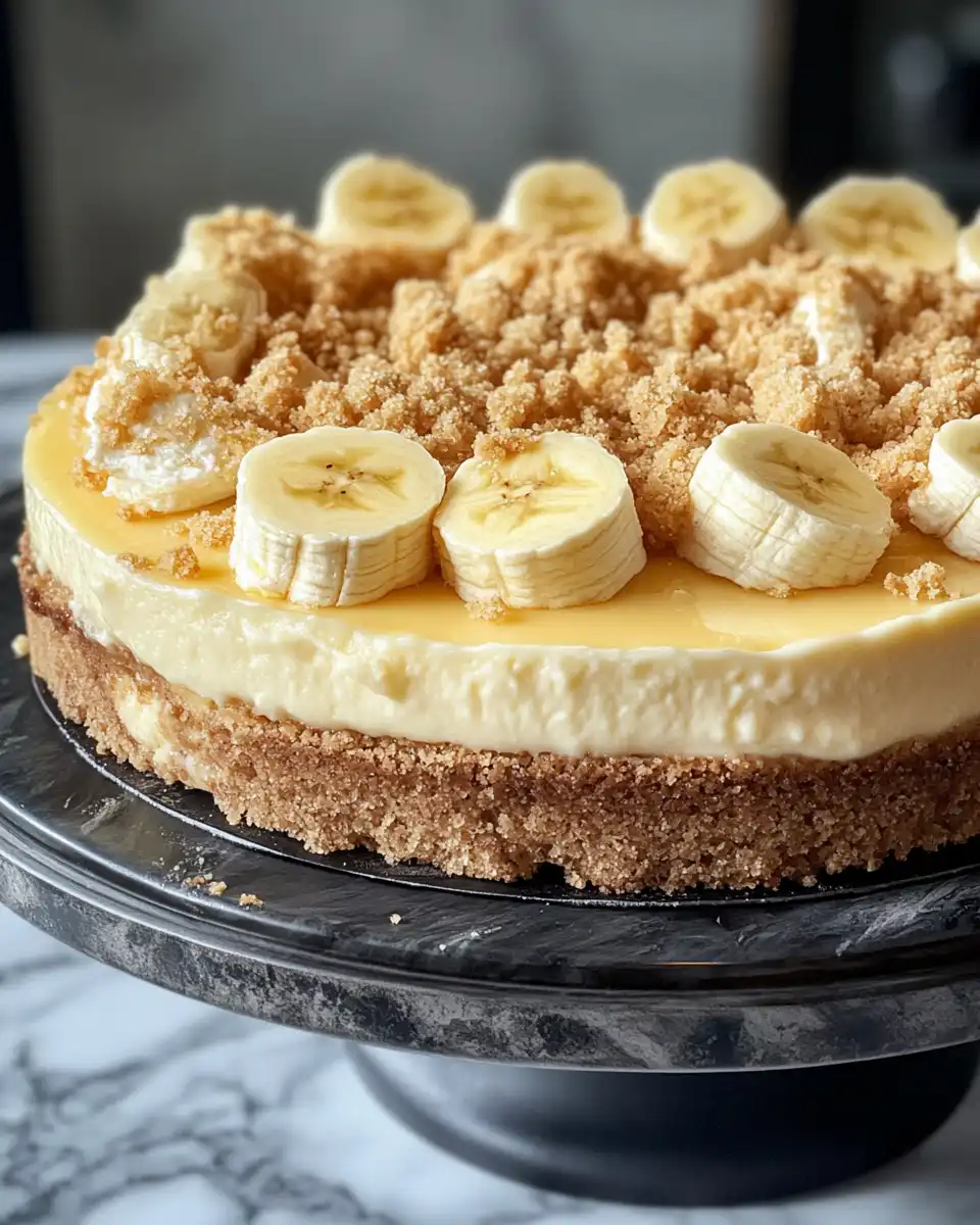 Finished banana pudding cheesecake topped with whipped cream and banana slices