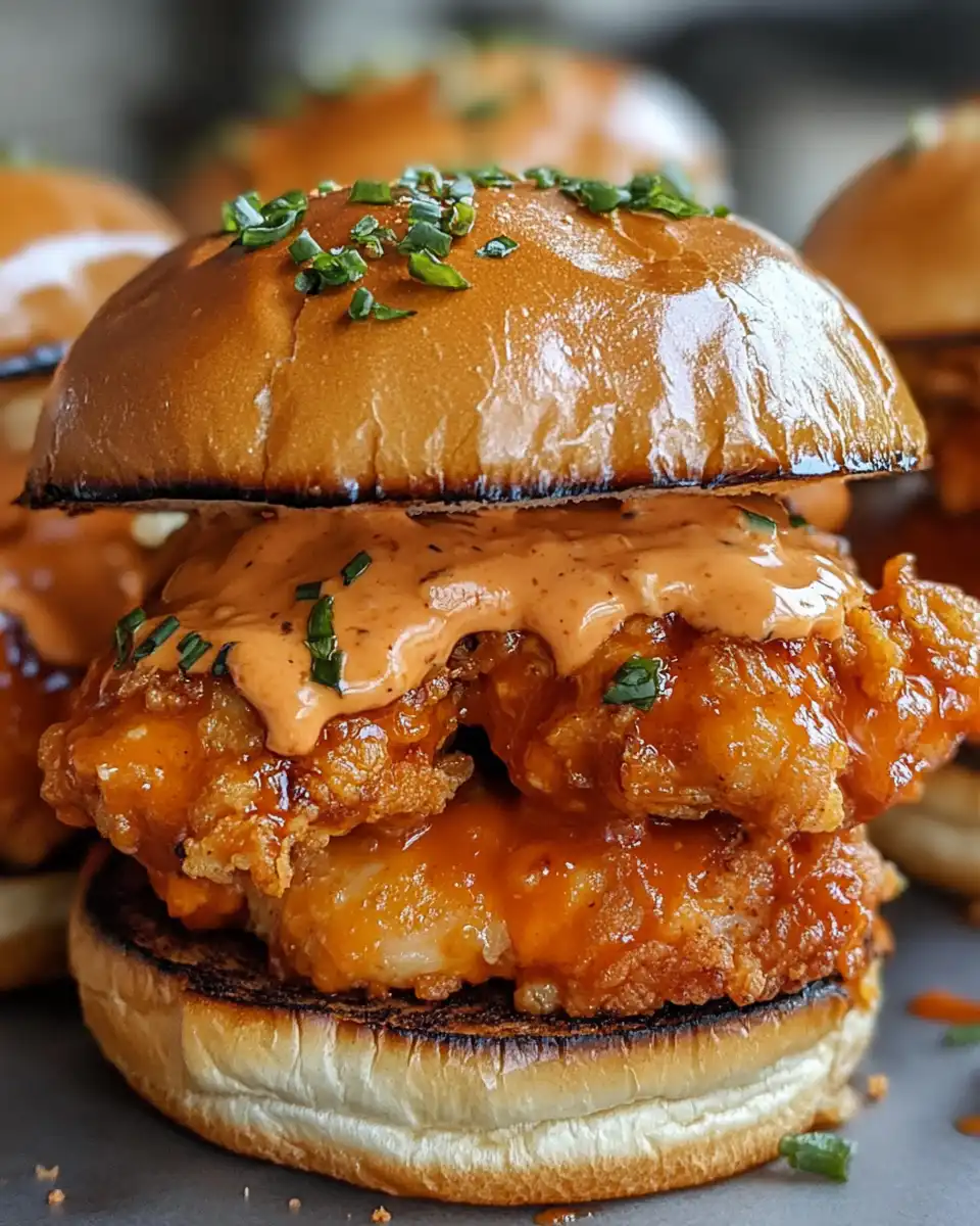 Assembled Bang Bang Chicken Sliders ready to serve