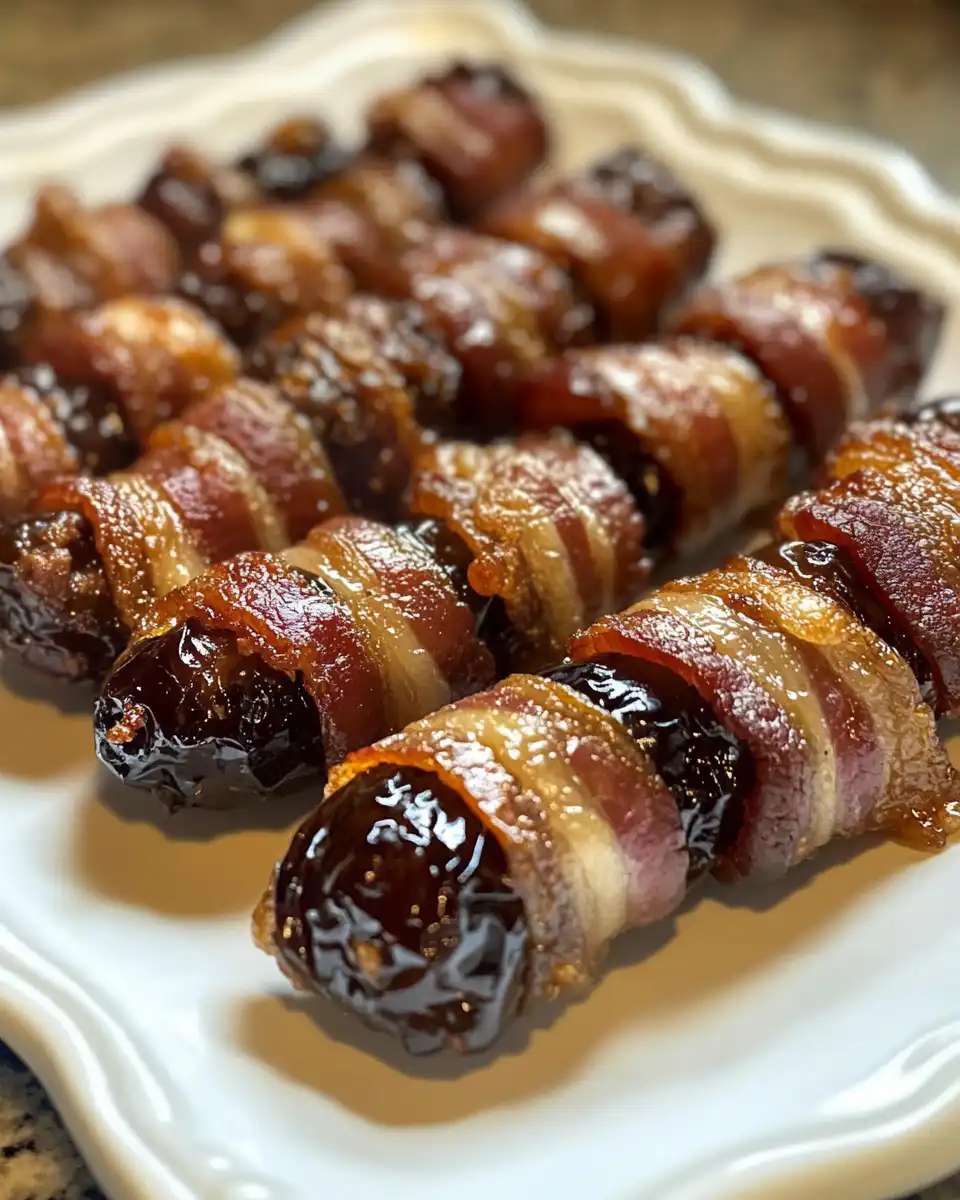 Close up of finished beef bacon wrapped dates crispy and golden on baking sheet