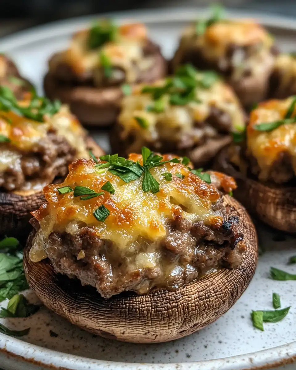Finished golden baked beef stuffed mushrooms on parchment paper