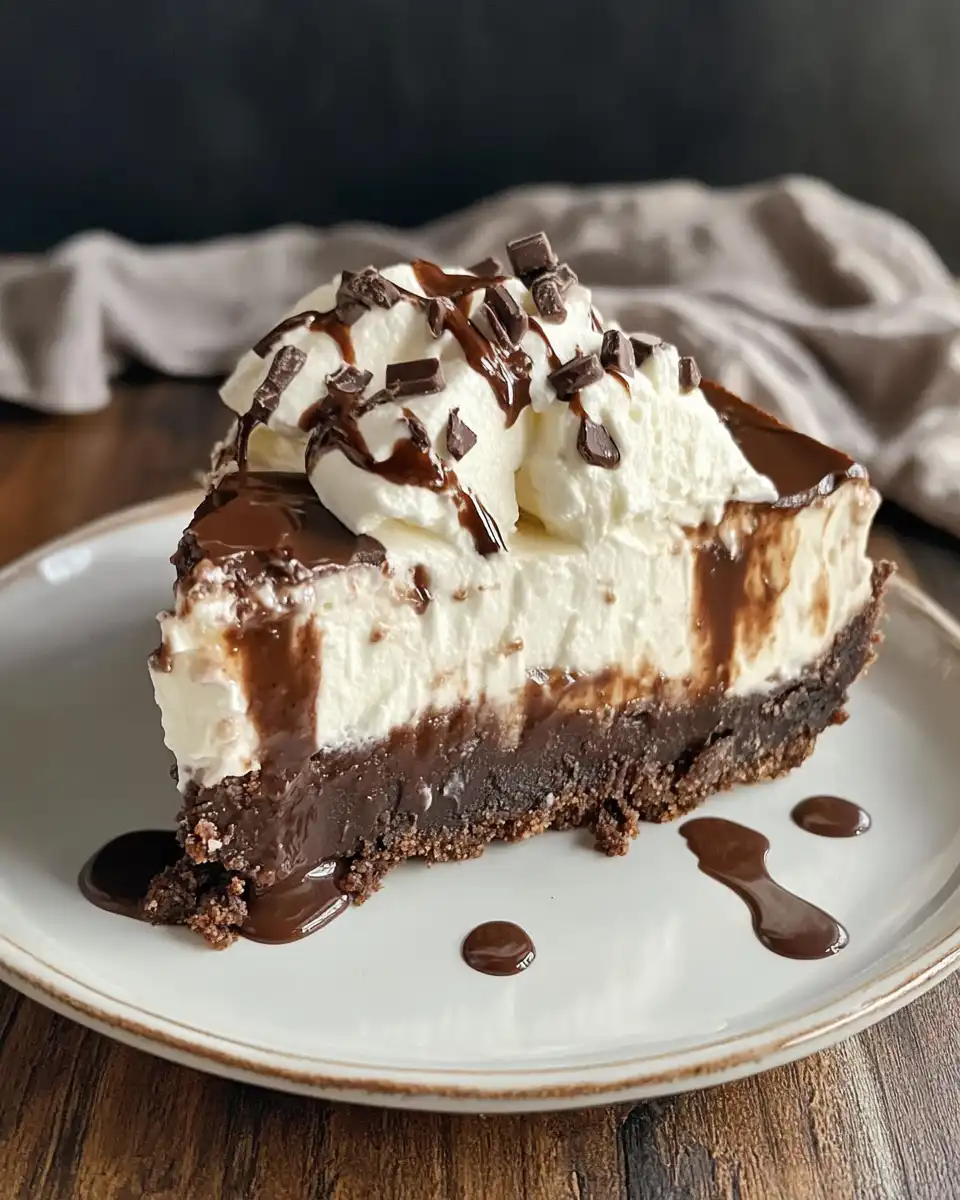 Finished Mississippi Mud Pie ready to serve with whipped cream topping