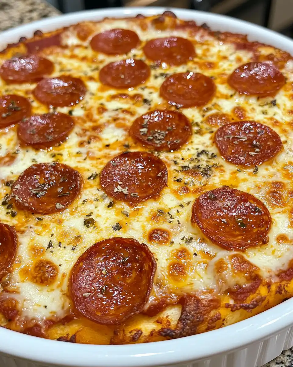 Final hot and bubbly cheesy pizza dip served in slow cooker