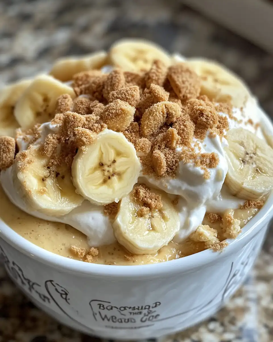 layered Biscoff banana pudding with whipped cream topping
