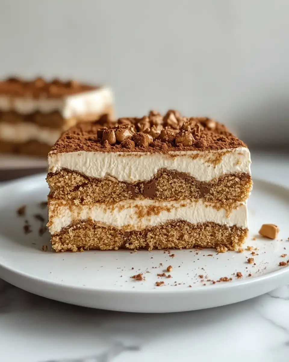 No bake Biscoff fridge cake served on plate with cookie butter drizzle