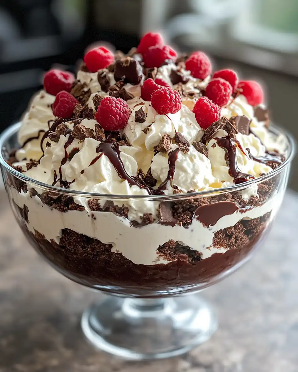 Layers of Black Forest Trifle showing cake cherry filling and whipped cream