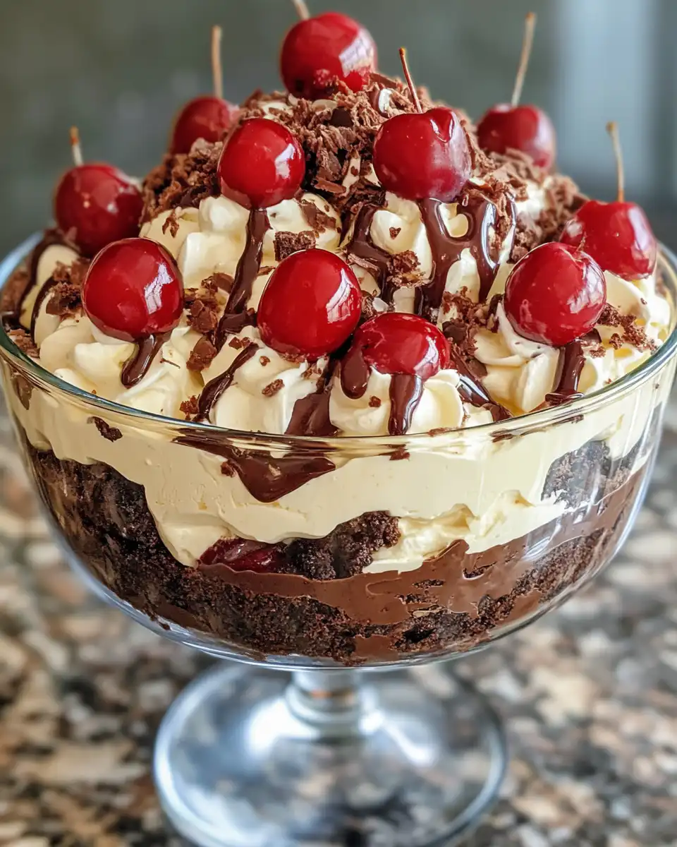 Serving a portion of Black Forest Trifle with whipped cream and chocolate shavings on top