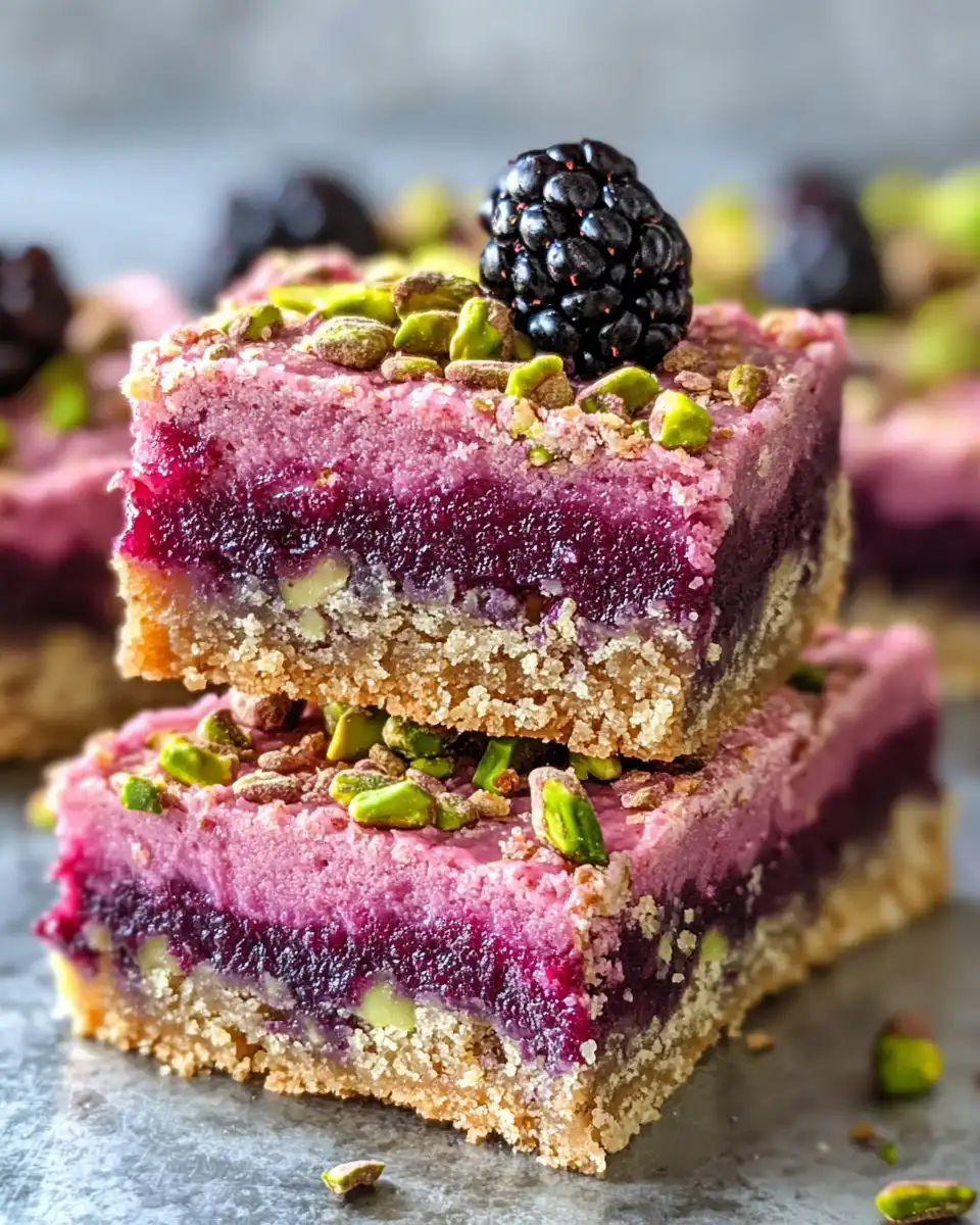 Close-up of plated blackberry pistachio bars with crust and topping