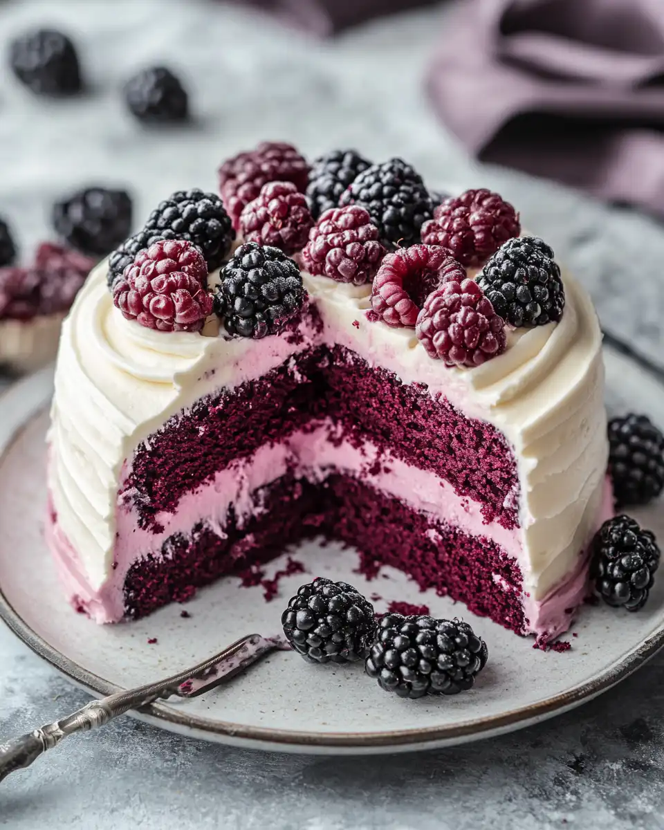 Ingredients and preparation steps for blackberry velvet cake