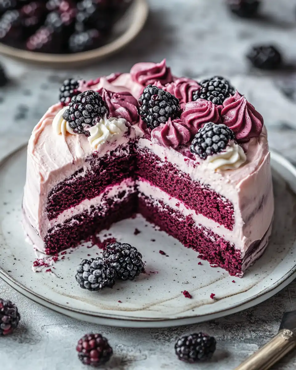 Final blackberry velvet cake ready to serve