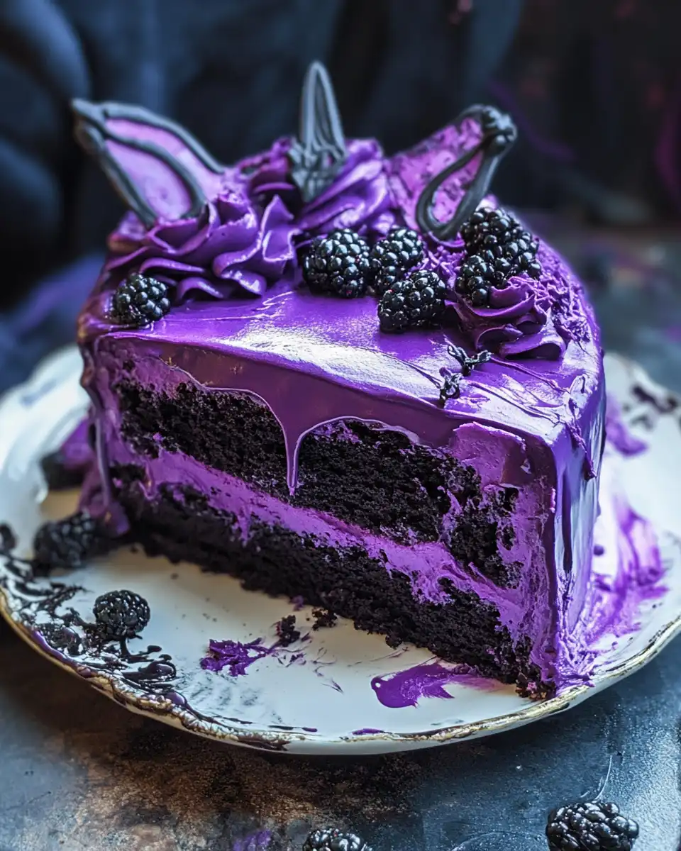Slice of Blackberry Velvet Gothic Cake with frosting and berries