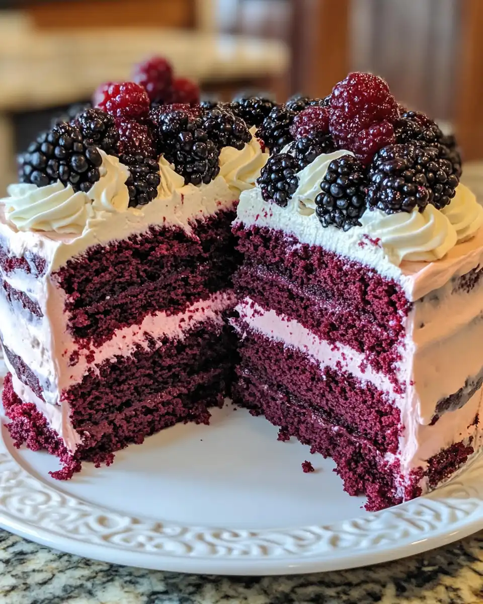Ingredients for Black Velvet Cake including blackberries and cocoa powder
