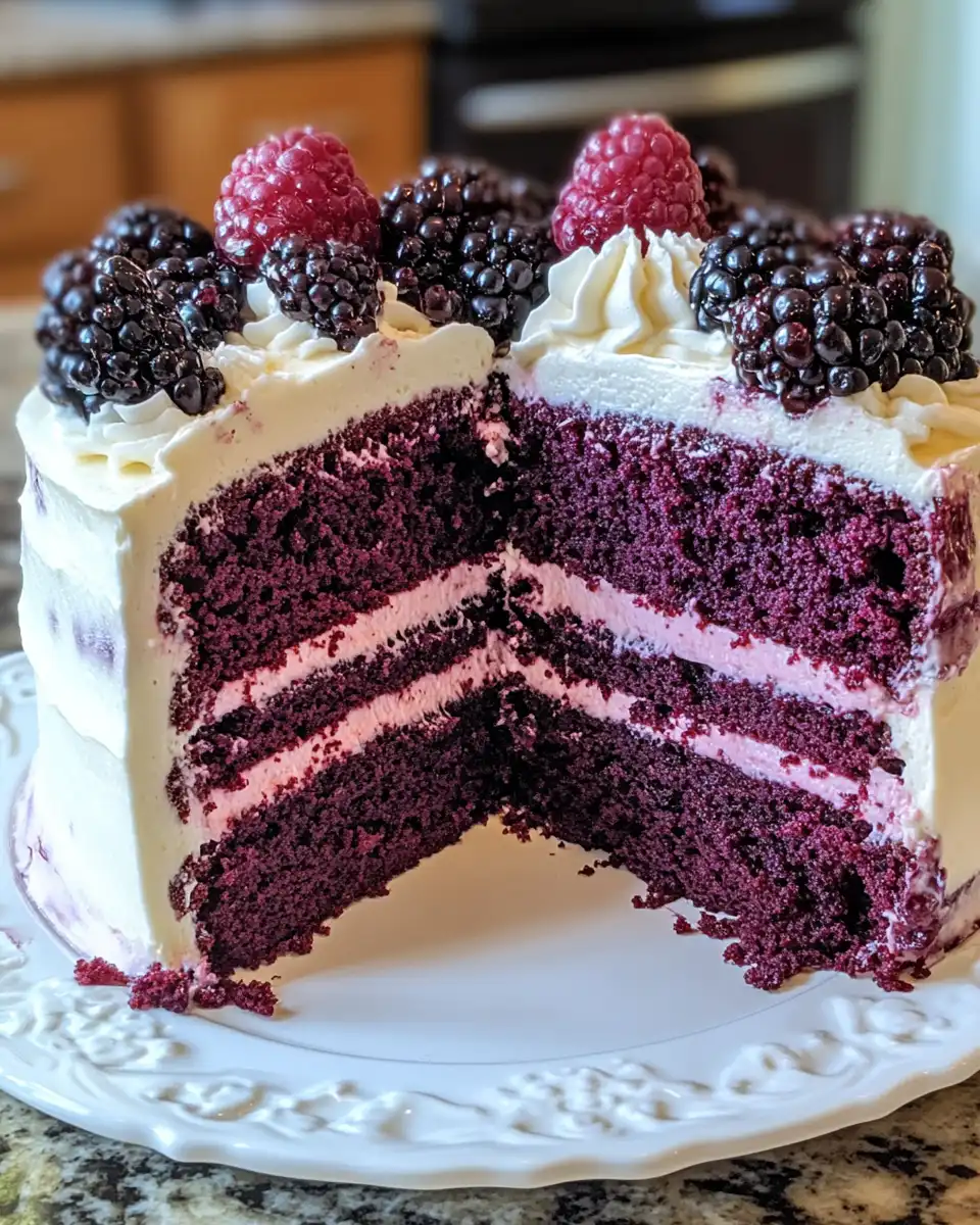 Slice of Black Velvet Cake topped with blackberries, cherries, and sprinkles