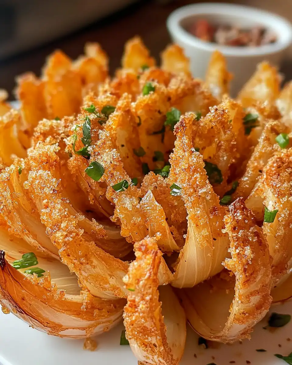 Golden, crispy blooming onion ready to be served and dipped