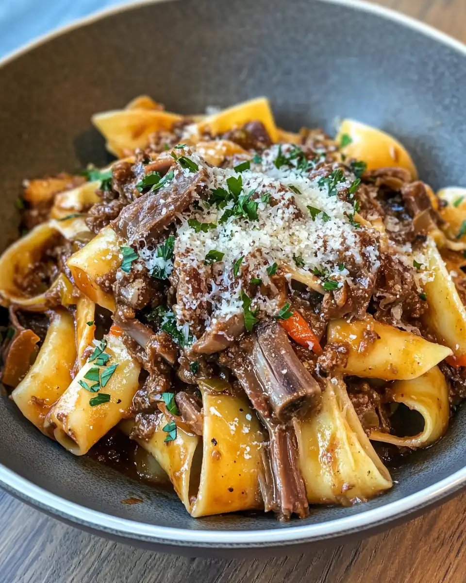 Plated short rib ragu with pappardelle and fresh herbs