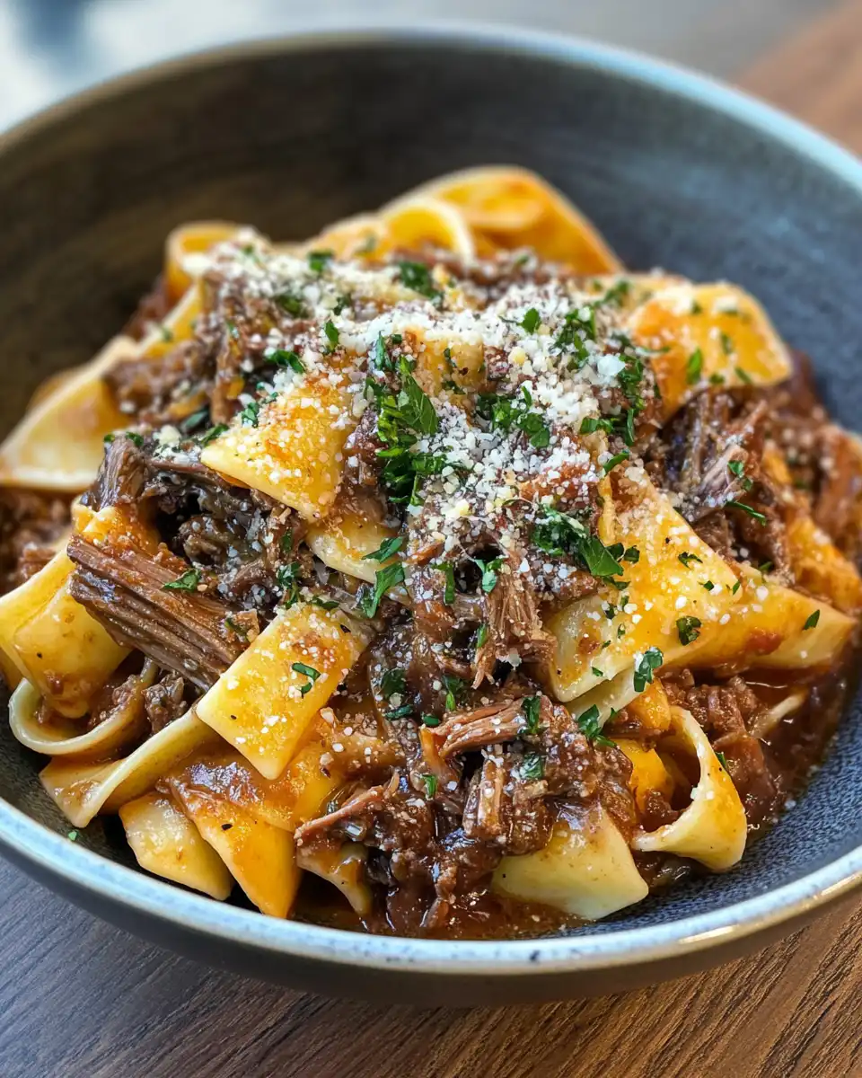 Pressure cooker short rib ragu on pappardelle pasta