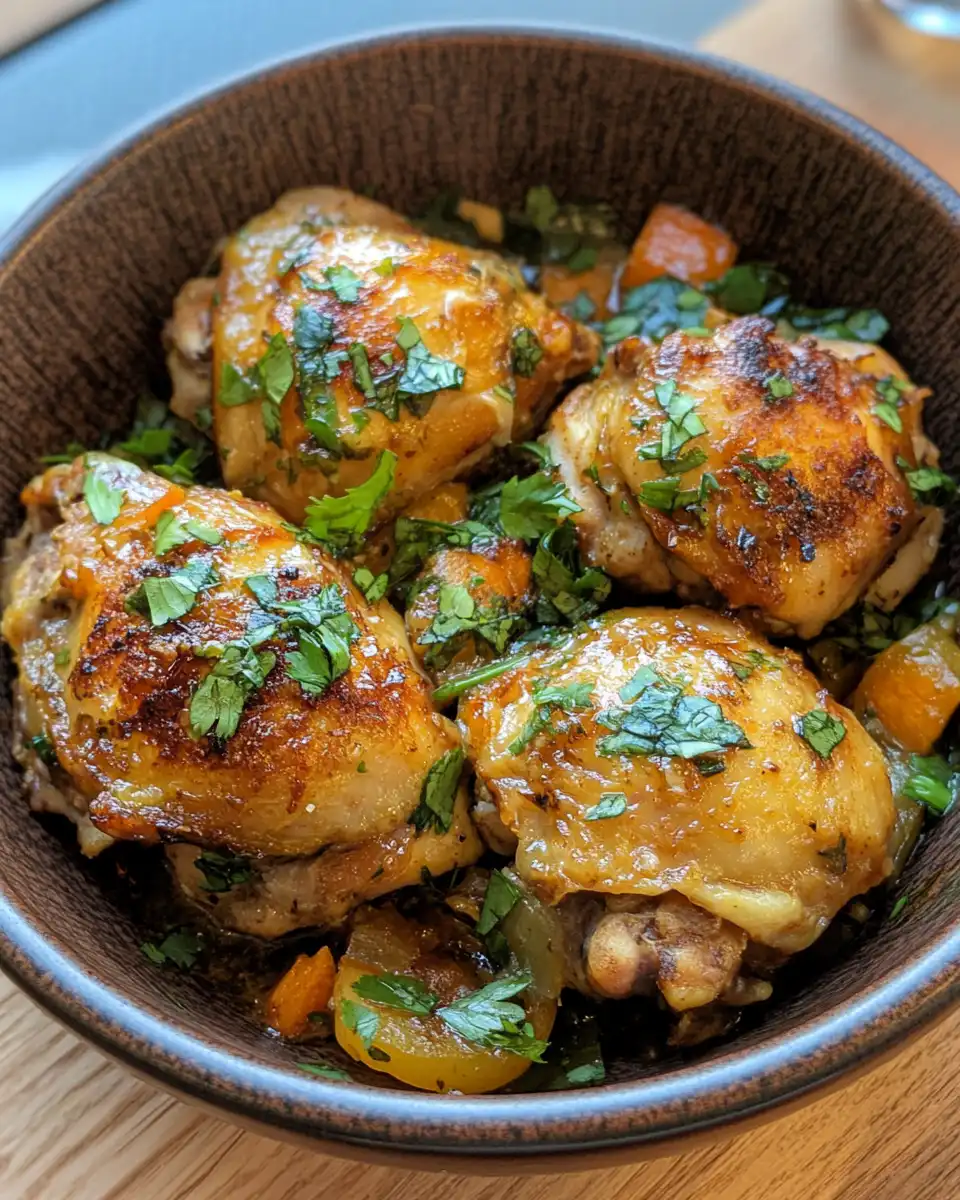 Final serving of Brazilian coconut chicken plated with garnish