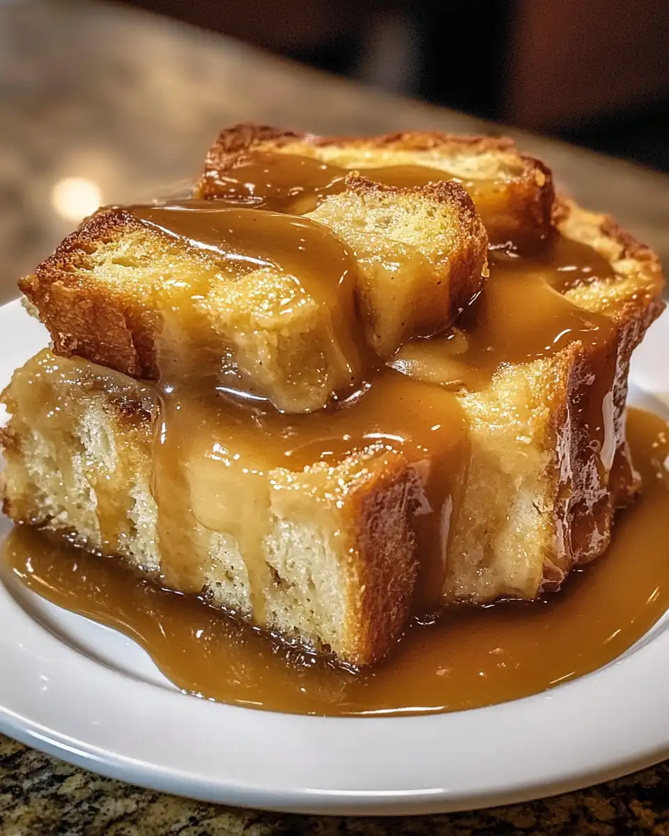 Golden top and crispy edges of the pressure cooker bread pudding with caramel drizzle
