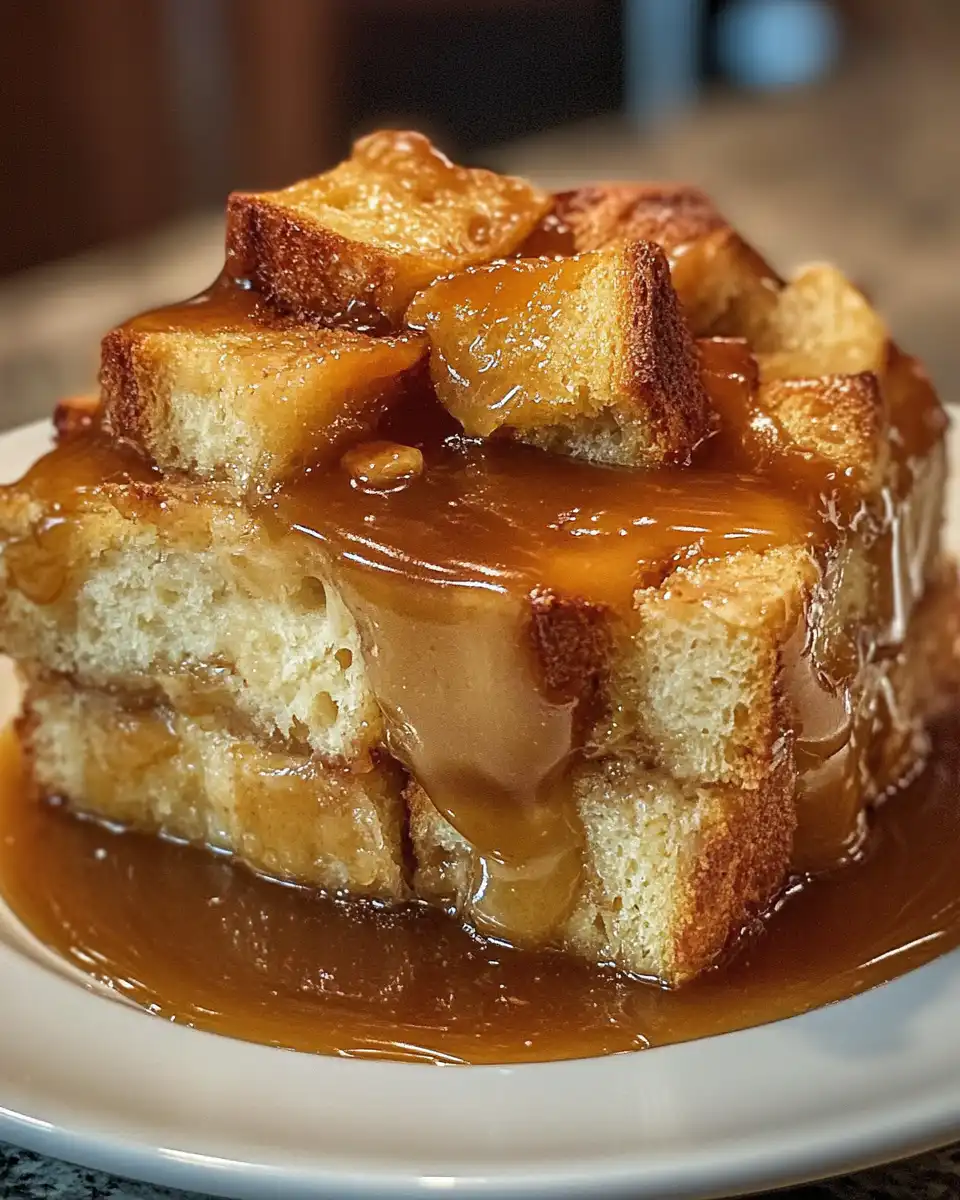 Pressure cooker bread pudding with vanilla caramel sauce just out of the cooker