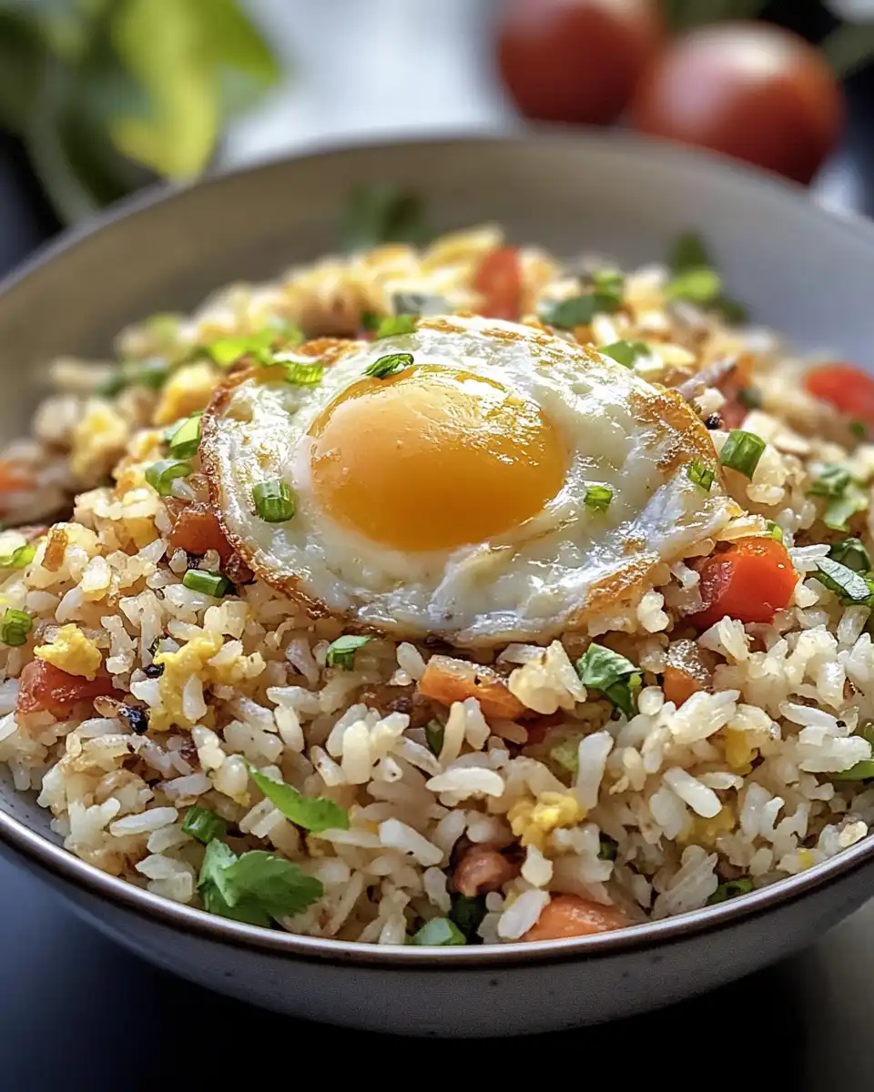 Ingredients for breakfast fried rice including Canadian bacon, sausage, eggs, and veggies