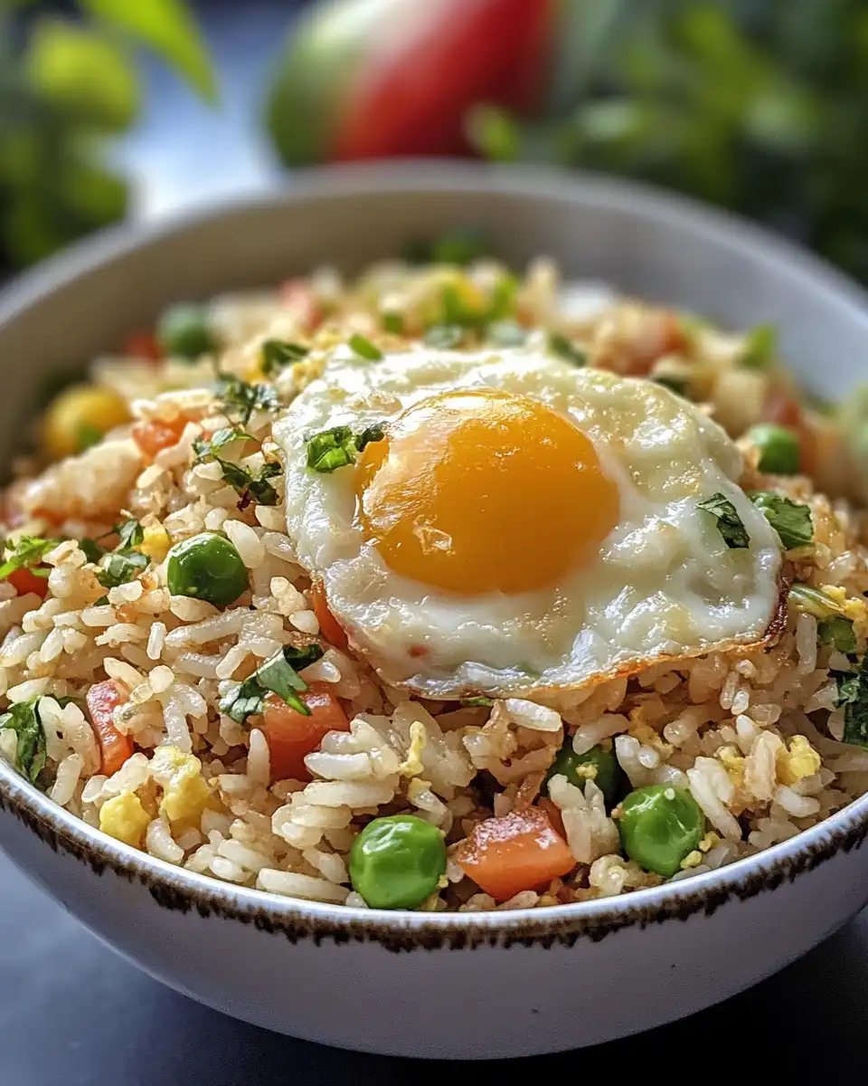 Finished pressure cooker breakfast fried rice served hot in bowl